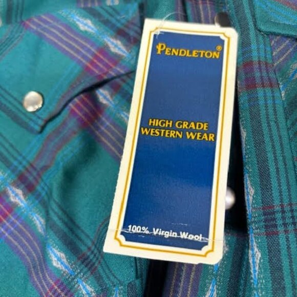 Vtg Teal Blue Purple Pendleton High Grade Western Wear Wool Shirt Pearl Snaps XL - Picture 5 of 9